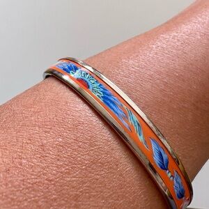 Hermes Orange and Blue Floral Enamel Silver Bangle Bracelet